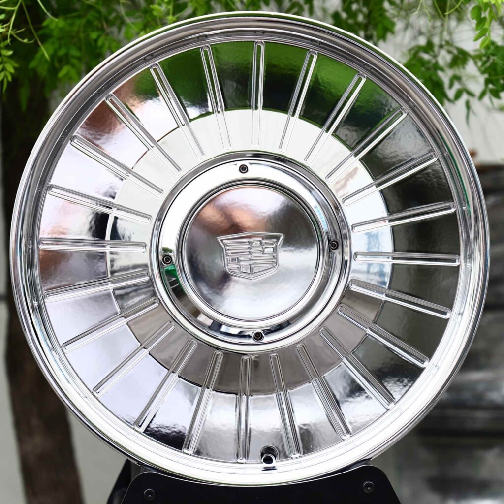 5x120 wheels – Chrome Multi-Spoke Dish Floating Cap (Cadillac OEM-Style), side view