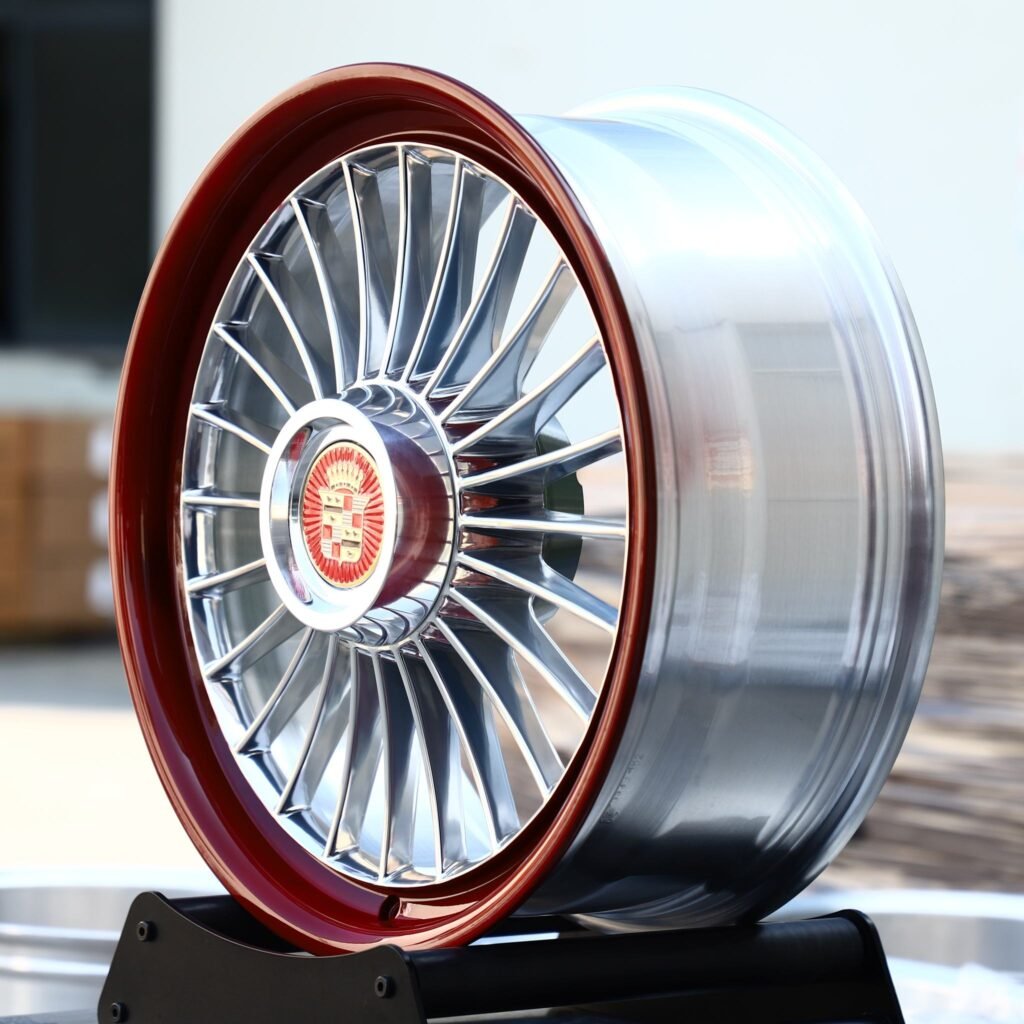 5x120 wheels – Polished Multi-Spoke Red Lip Floating Cap (Cadillac OEM-Style), side view