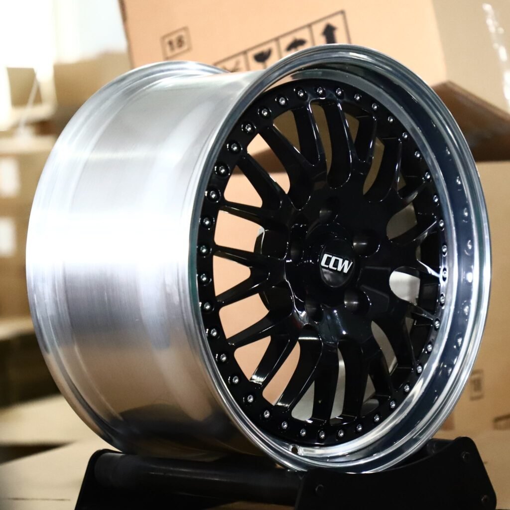5x114.3 wheels – 2-Piece Gloss Black Mesh Riveted Polished Lip (CCW-Style), side view