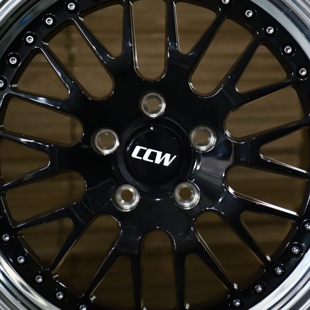 Tesla Model 3 wheels – 2-Piece Gloss Black Mesh Riveted Polished Lip (CCW-Style), lip and barrel detail