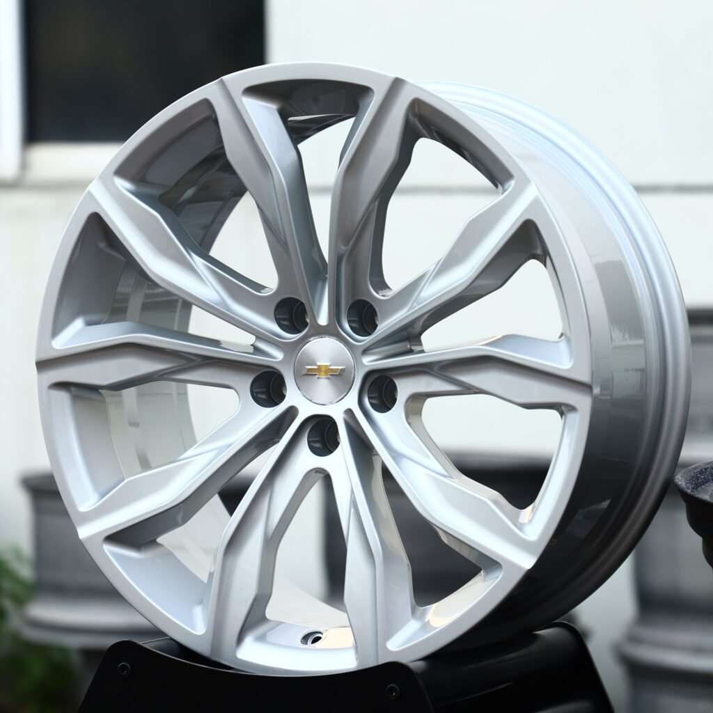 Chevrolet Camaro wheels – Matte Silver 5 Split V-Spoke (Chevrolet OEM-Style), angled view