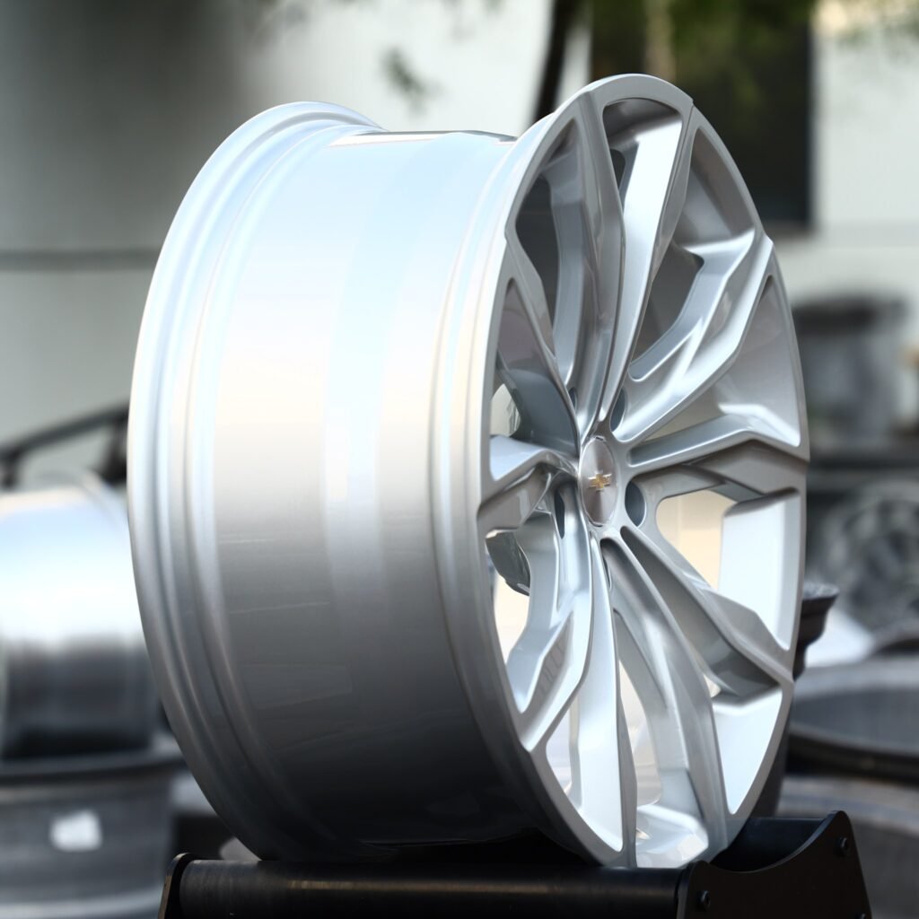 5x120.65 wheels – Matte Silver 5 Split V-Spoke (Chevrolet OEM-Style), side view