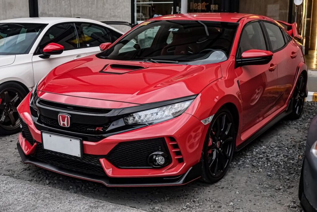 Civic Type R wheel specs reference car: Rallye Red Honda Civic Type R FK8 on its factory 20-inch black alloy wheels