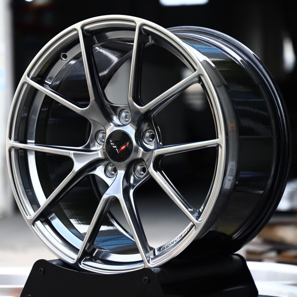 Chevrolet Camaro wheels – Black Chrome 5 Y-Spoke (Corvette OEM-Style), angled view