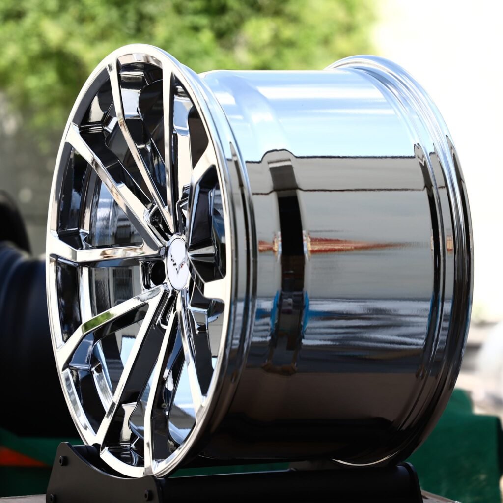 Chevrolet Corvette C7 wheels – Chrome 5 V-Spoke Concave (Corvette OEM-Style), angled view