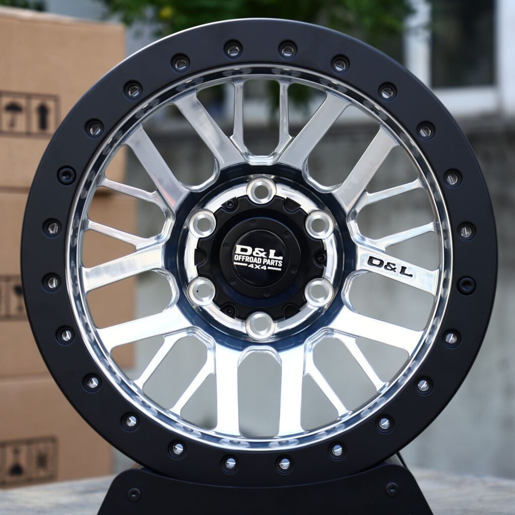 Ford F-150 wheels – Polished Mesh Black Bolted Ring Beadlock (D&L-Style), front view