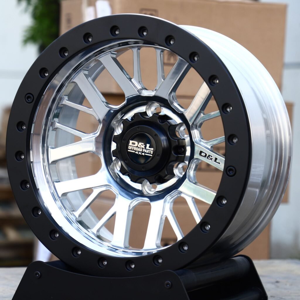 Ford Ranger wheels – Polished Mesh Black Bolted Ring Beadlock (D&L-Style), angled view