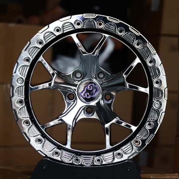 Dodge Challenger wheels – Chrome / Black 5 Split-Spoke, front view