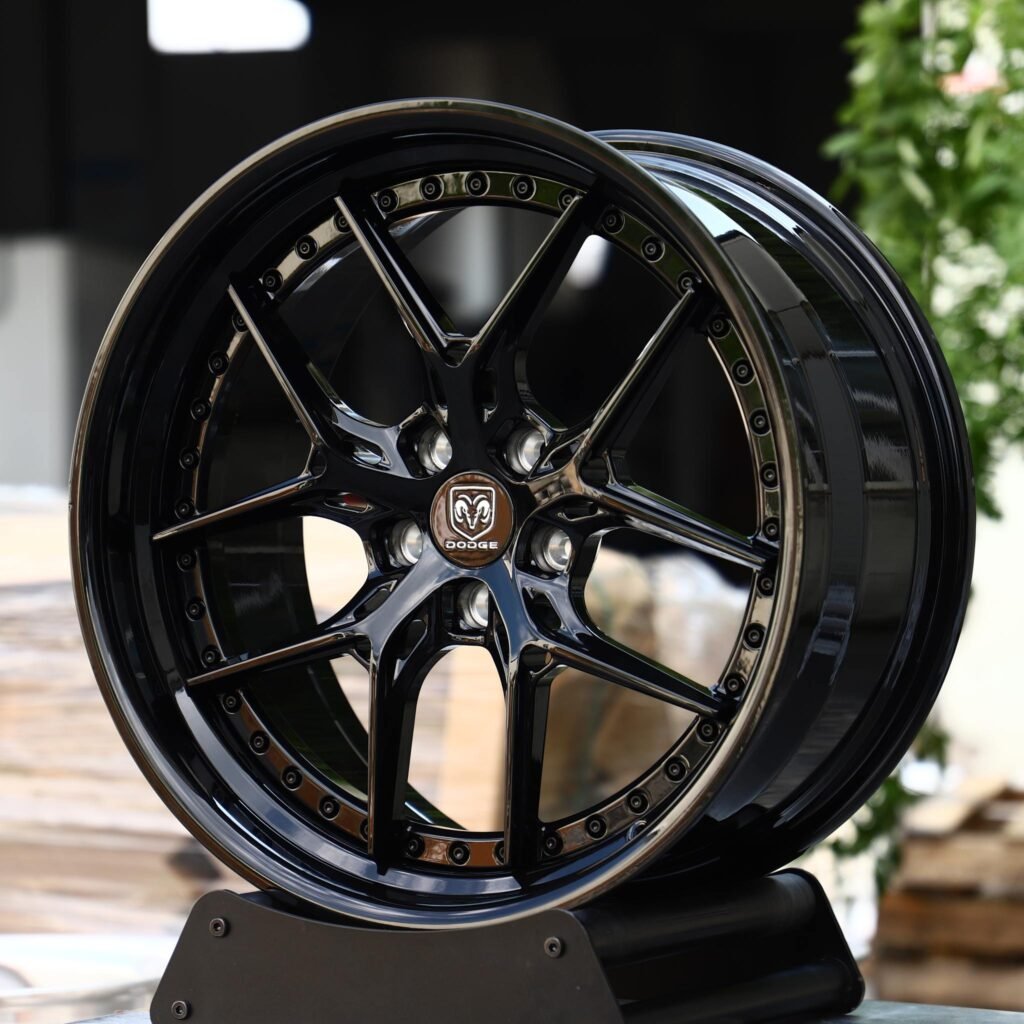 Dodge Challenger wheels – 2-Piece Gloss Black Y-Spoke Riveted Lip (Dodge OEM-Style), angled view