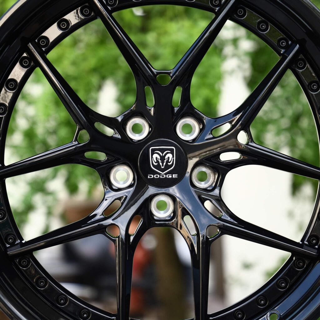 Dodge Charger wheels – 2-Piece Gloss Black Y-Spoke Riveted Lip (Dodge OEM-Style), lip and barrel detail