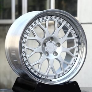 ESR-Style Matte Silver Mesh 2-Piece Riveted Polished Lip Forged Wheels – Honda Civic Type R / Subaru WRX Fitment (5-Lug)