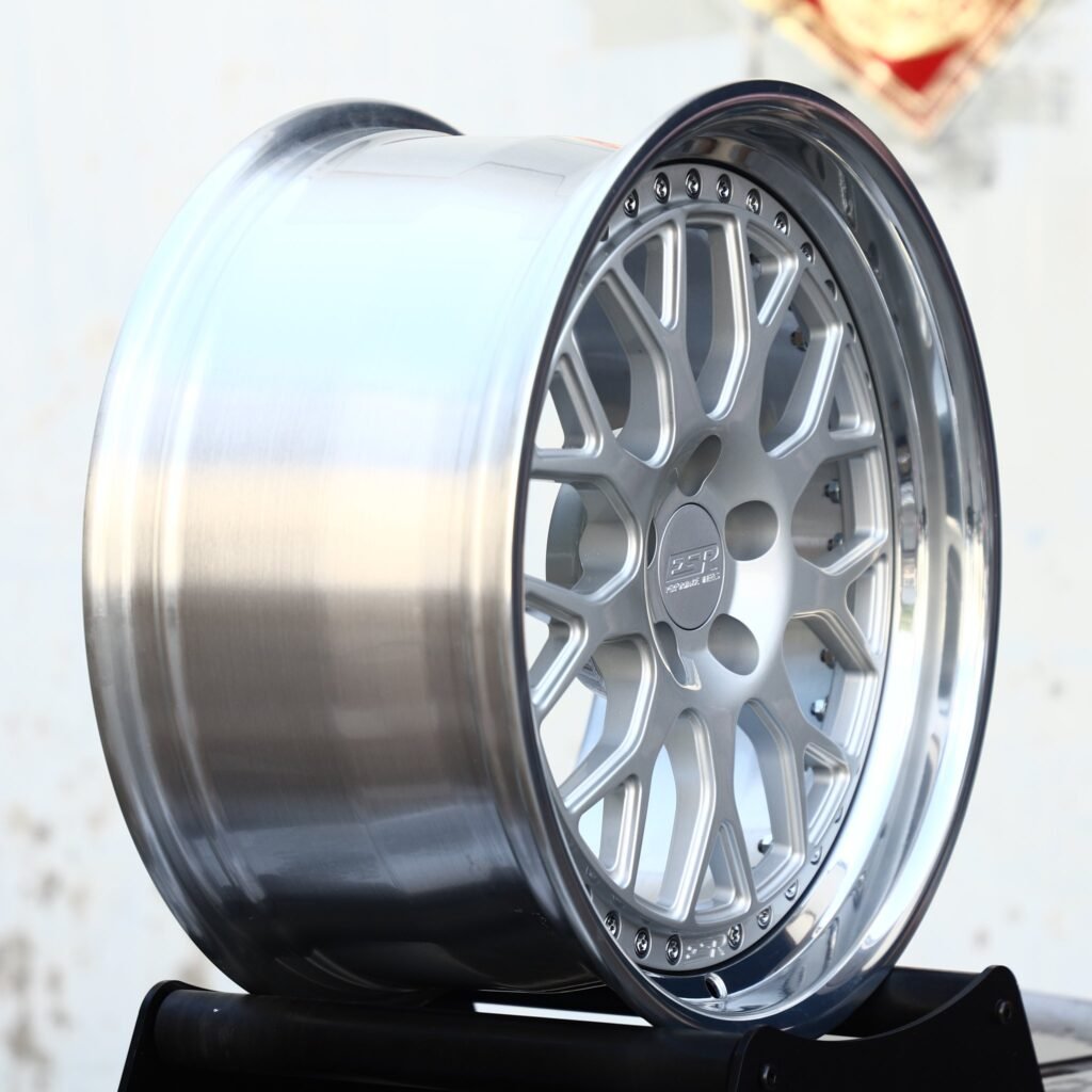 Subaru WRX wheels – Matte Silver Mesh 2-Piece Riveted Polished Lip (ESR-Style), angled view
