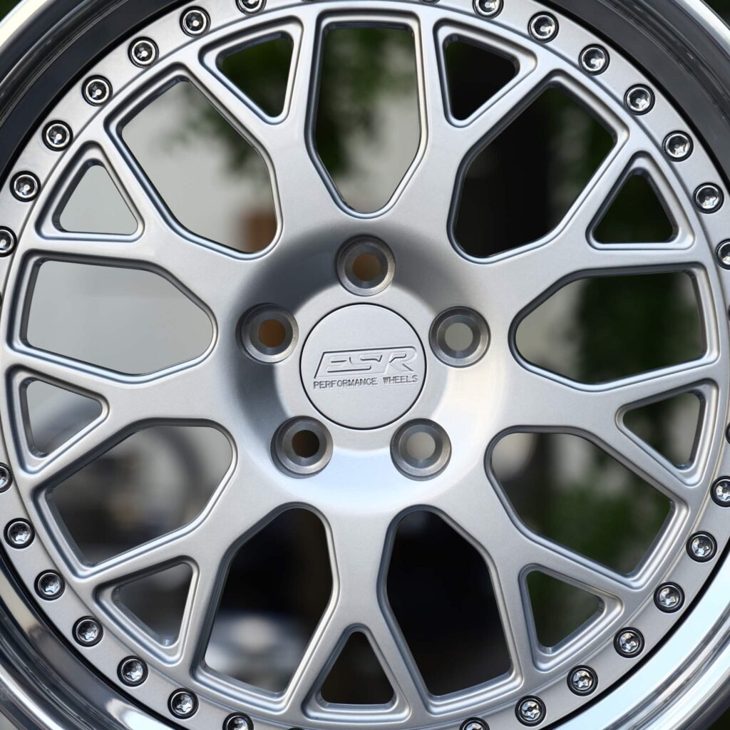 5x120 wheels – Matte Silver Mesh 2-Piece Riveted Polished Lip (ESR-Style), side view