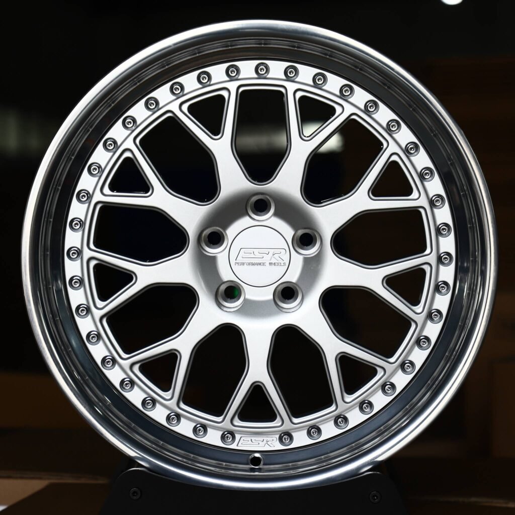 Tesla Model Y wheels – Matte Silver Mesh 2-Piece Riveted Polished Lip (ESR-Style), rear view
