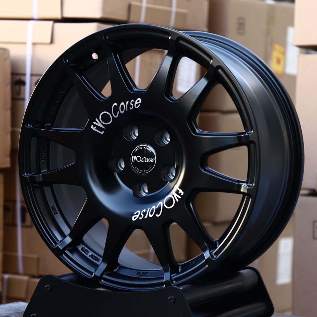 Hyundai Genesis wheels – Satin Black 12-Spoke Rally (EvoCorse-Style), angled view