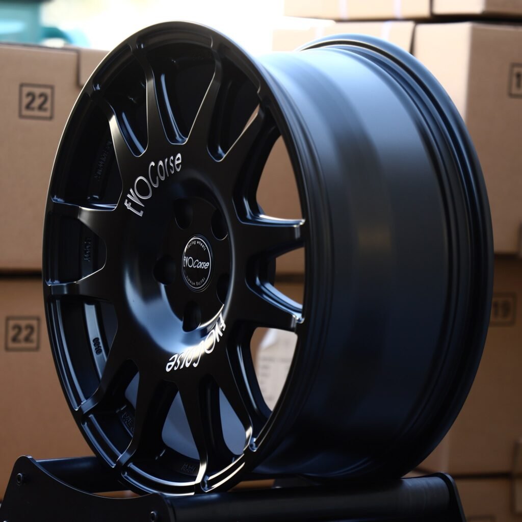 5x114.3 wheels – Satin Black 12-Spoke Rally (EvoCorse-Style), side view