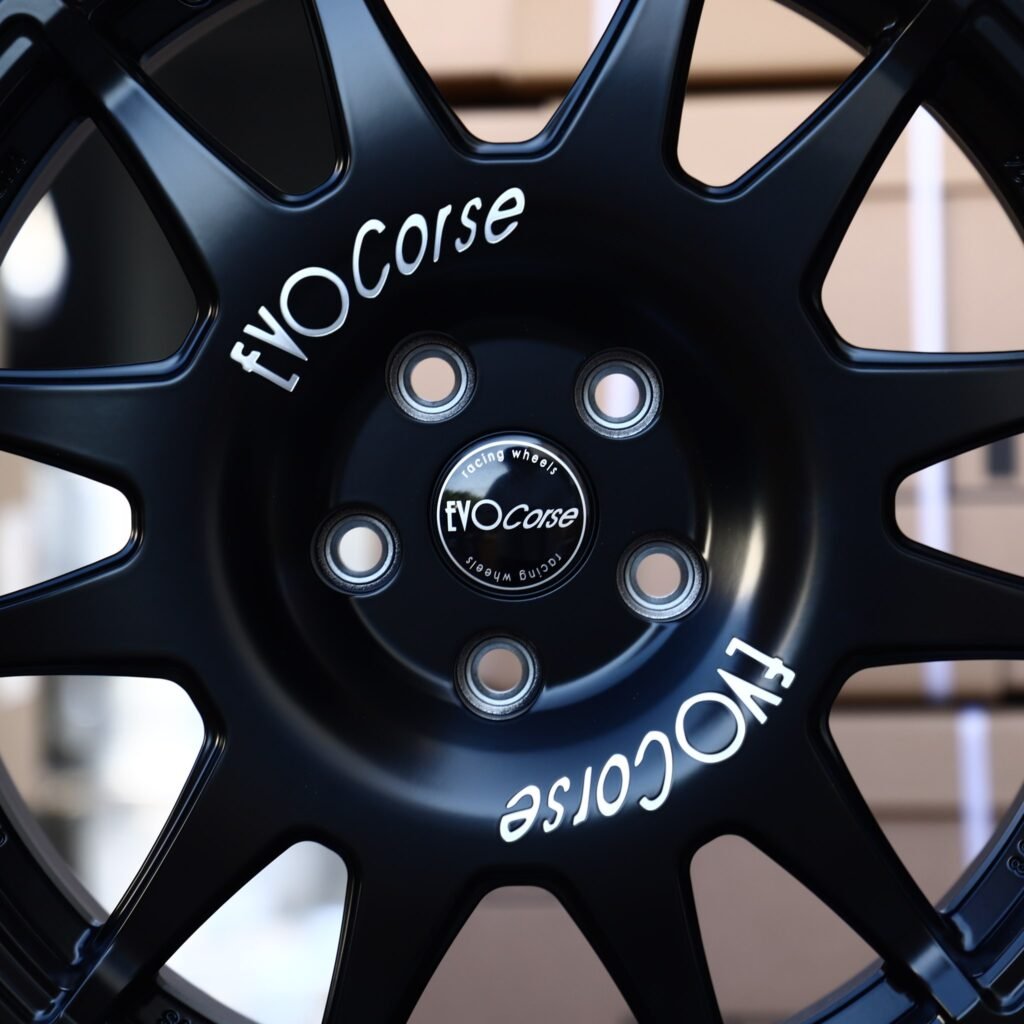 Tesla Model 3 wheels – Satin Black 12-Spoke Rally (EvoCorse-Style), lip and barrel detail