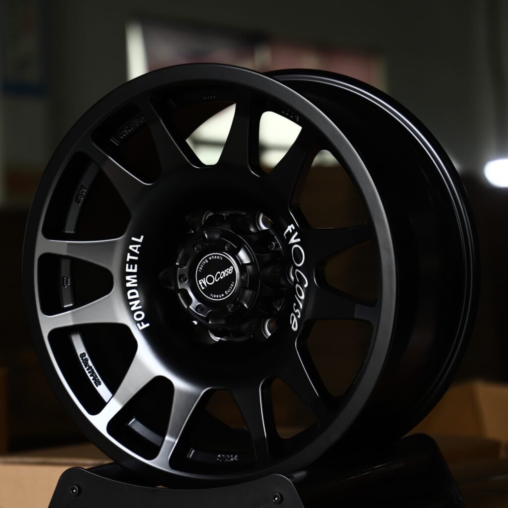 Ford Ranger wheels – Satin Black 12-Spoke Rally (EvoCorse-Style), angled view