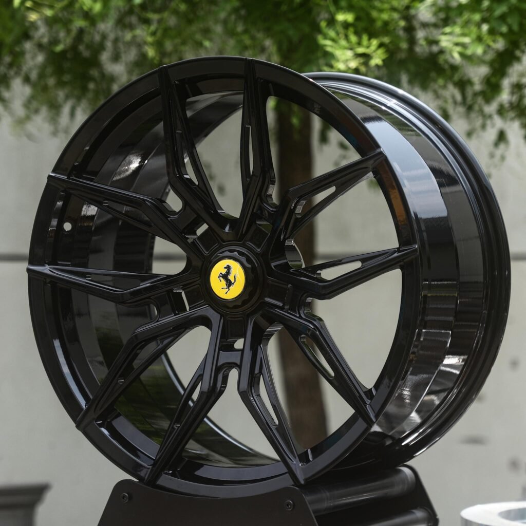 Ferrari F8 wheels – Gloss Black 5 Twin-Spoke Star (Ferrari OEM-Style), angled view