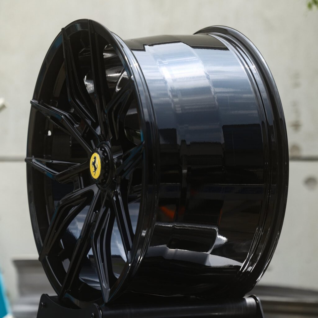 5x114.3 wheels – Gloss Black 5 Twin-Spoke Star (Ferrari OEM-Style), side view