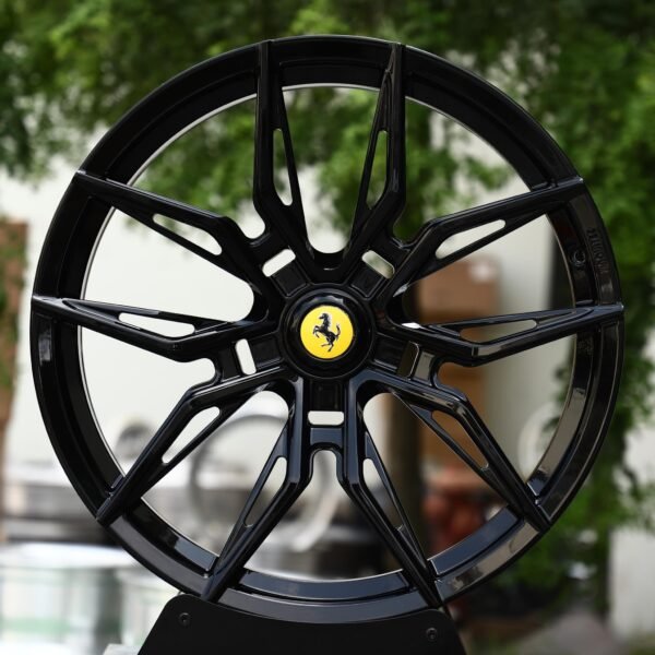 Ferrari 488 wheels – Gloss Black 5 Twin-Spoke Star Side-Milled (Ferrari OEM-Style), front view
