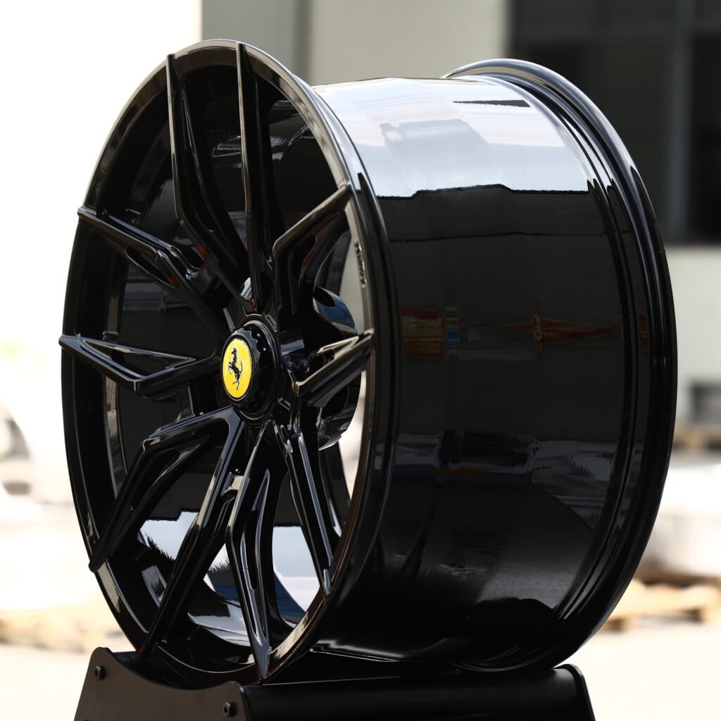 Ferrari F8 wheels – Gloss Black 5 Twin-Spoke Star Side-Milled (Ferrari OEM-Style), angled view