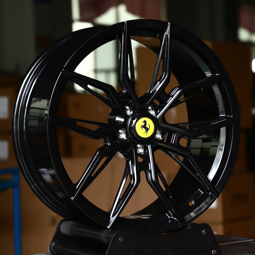 Ferrari F8 wheels – Gloss Black Multi-Spoke (Ferrari OEM-Style), angled view