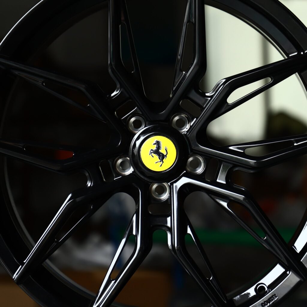Ferrari 488 wheels – Gloss Black Multi-Spoke (Ferrari OEM-Style), lip and barrel detail