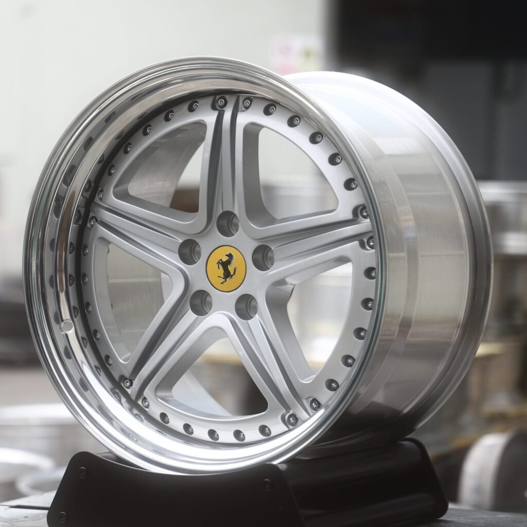 Ferrari Roma wheels – Silver Split 5-Spoke 2-Piece Riveted (Ferrari OEM-Style), angled view