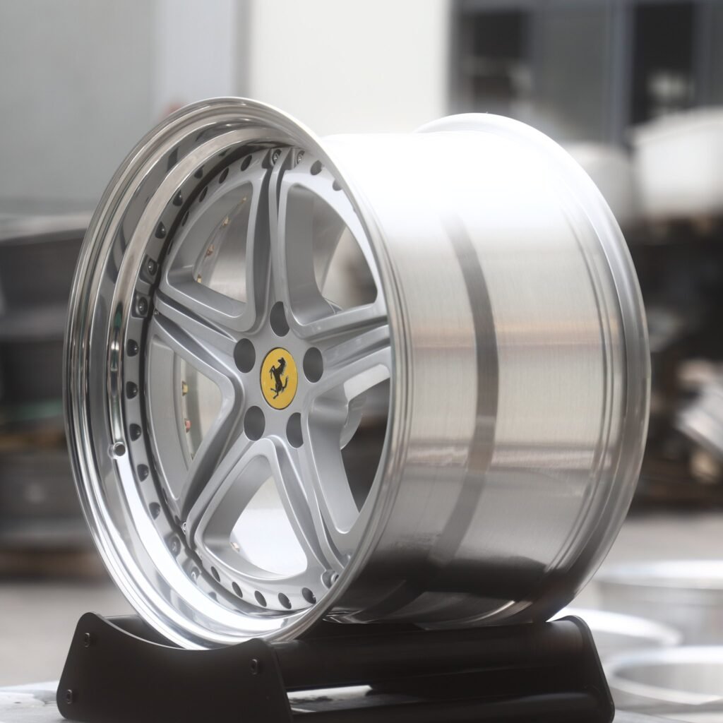 5x114.3 wheels – Silver Split 5-Spoke 2-Piece Riveted (Ferrari OEM-Style), side view