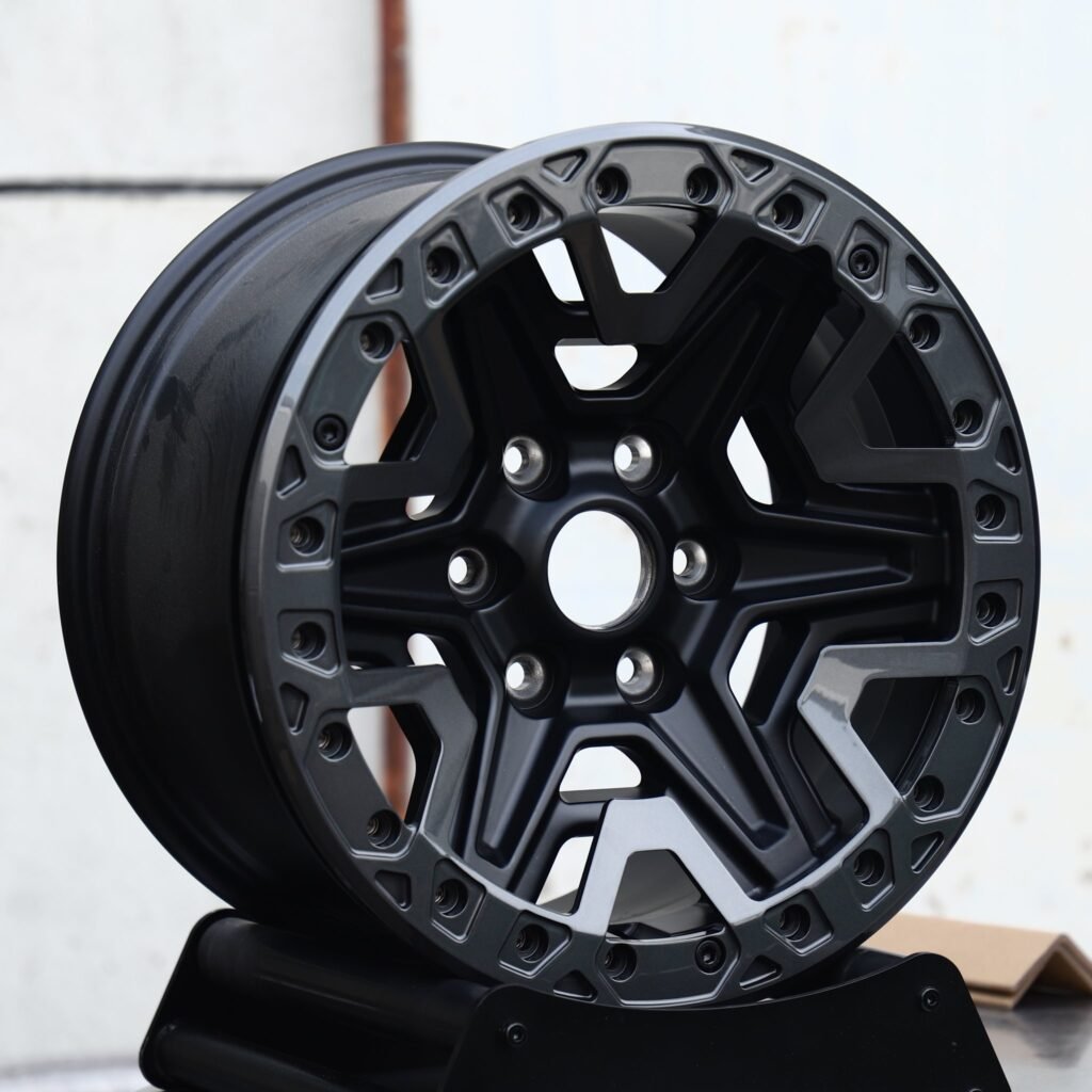 Toyota Tacoma wheels – Matte Black 5-Spoke Gunmetal-Ring Beadlock, angled view
