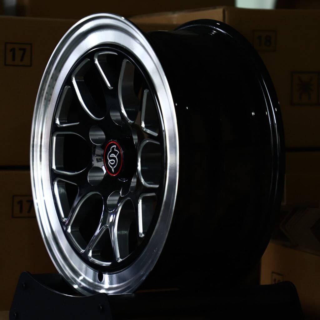 6x135 wheels – Gloss Black / Milled 10-Spoke Polished Lip, side view