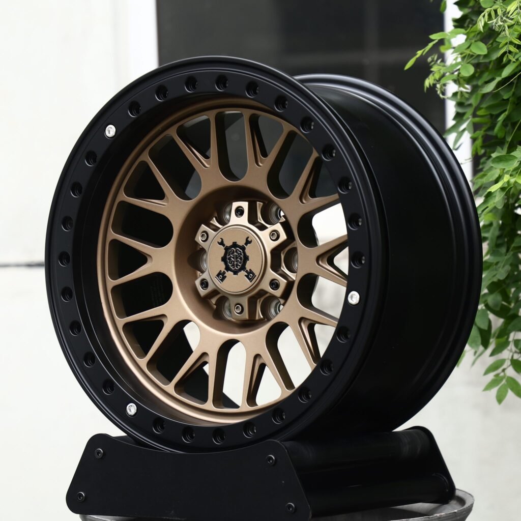 Chevrolet Silverado 1500 wheels – Matte Bronze Mesh Black-Ring Beadlock, angled view