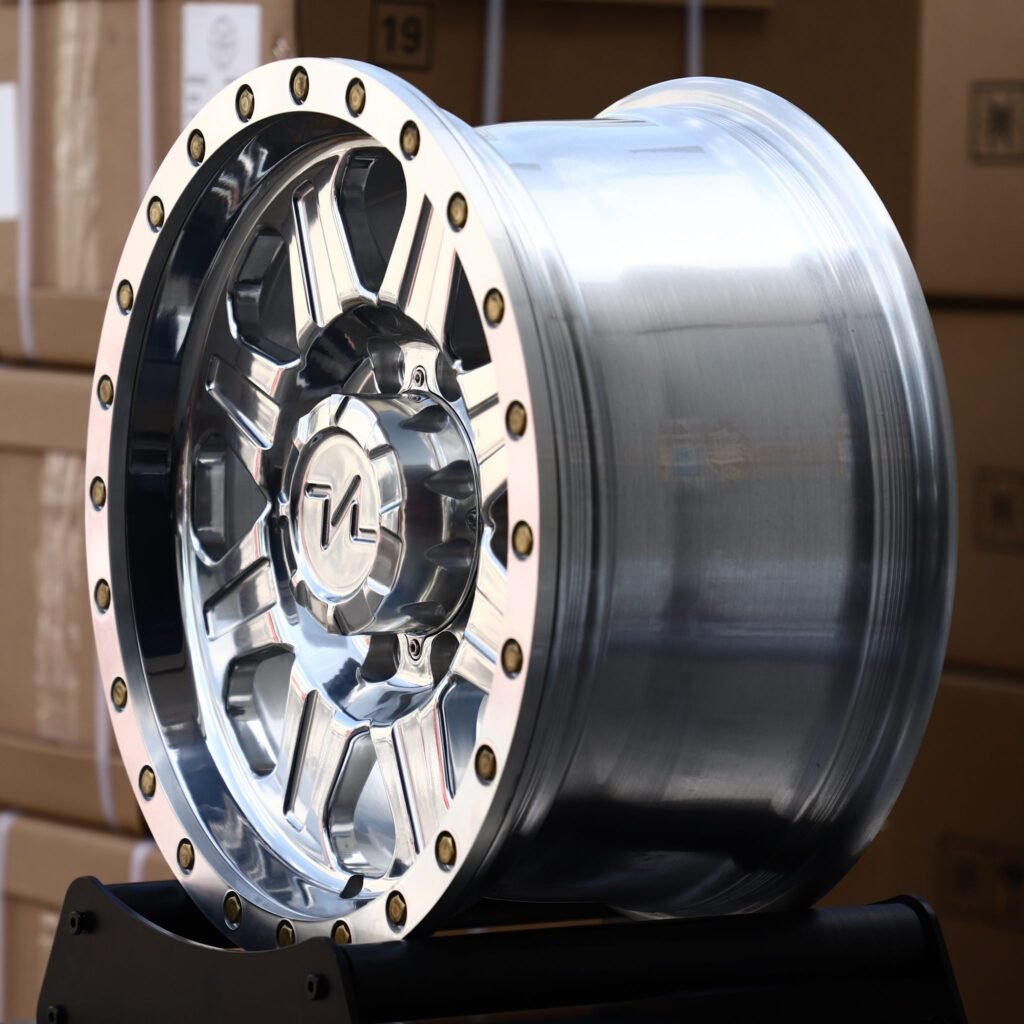 8x170 wheels – Polished 7-Spoke Gold-Bolt Ring, side view