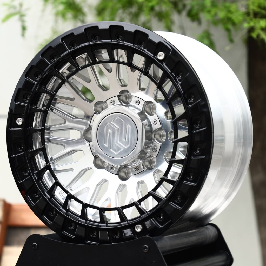 Ram 2500 wheels – Black Ring Polished Mesh Hex Cap, angled view