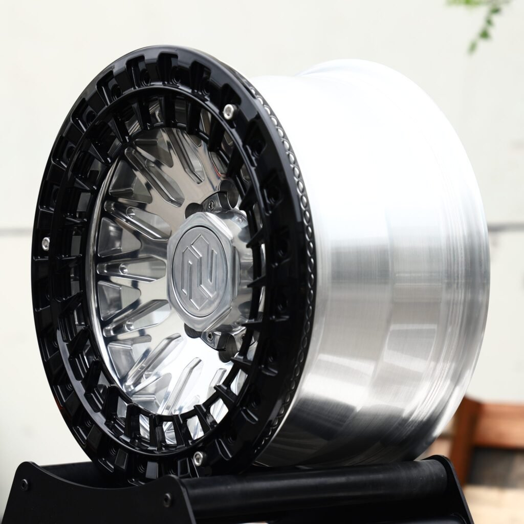 8x170 wheels – Black Ring Polished Mesh Hex Cap, side view