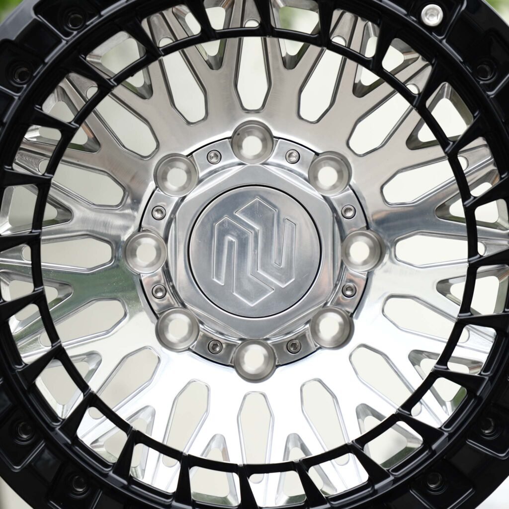 Ram 3500 wheels – Black Ring Polished Mesh Hex Cap, lip and barrel detail