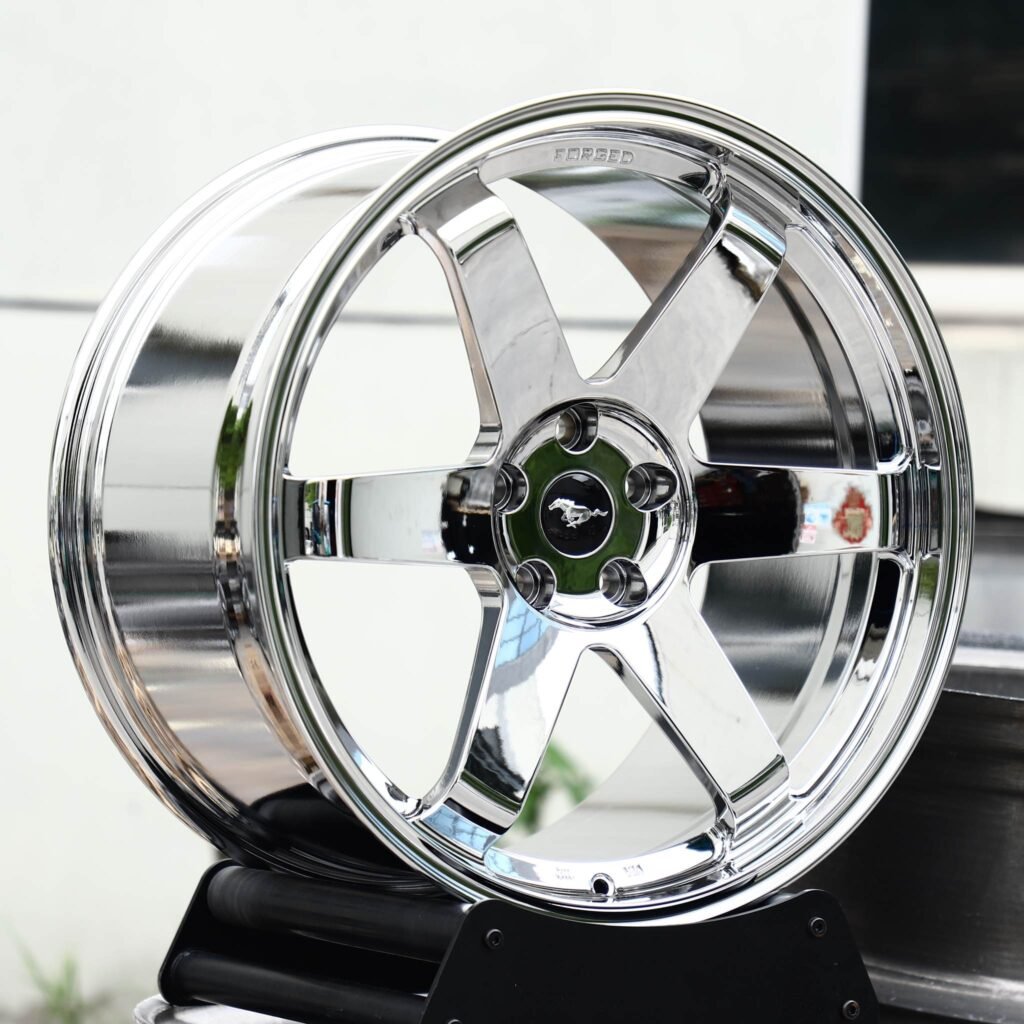 Ford Mustang GT wheels – Chrome 6-Spoke (Ford Mustang OEM-Style), angled view
