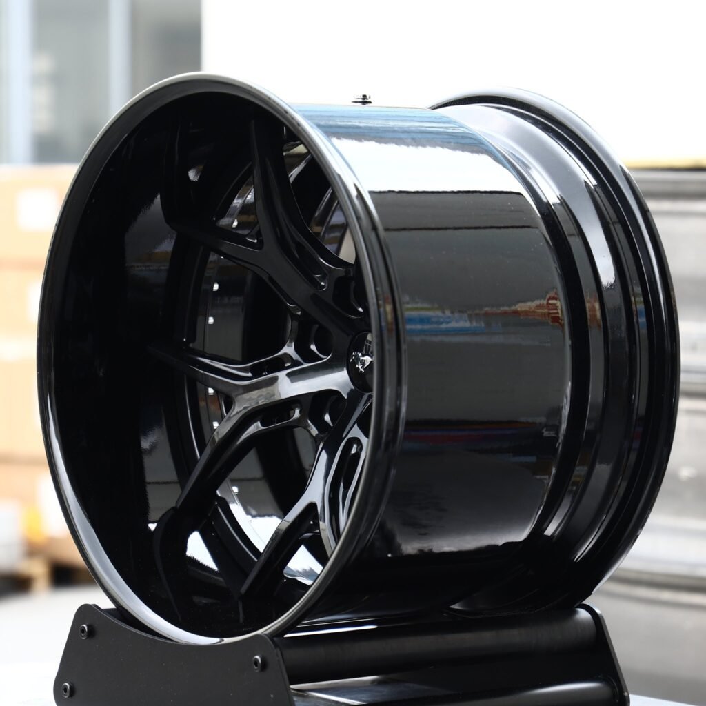 5x114.3 wheels – Gloss Black 5 Y-Spoke 2-Piece (Ford Mustang OEM-Style), side view