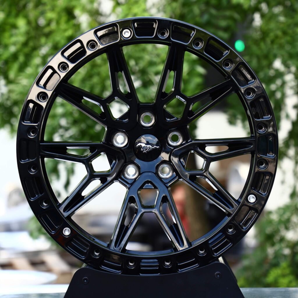 Ford Mustang wheels – Gloss Black Multi-Spoke Bolt Ring Beadlock (Ford Mustang OEM-Style), front view