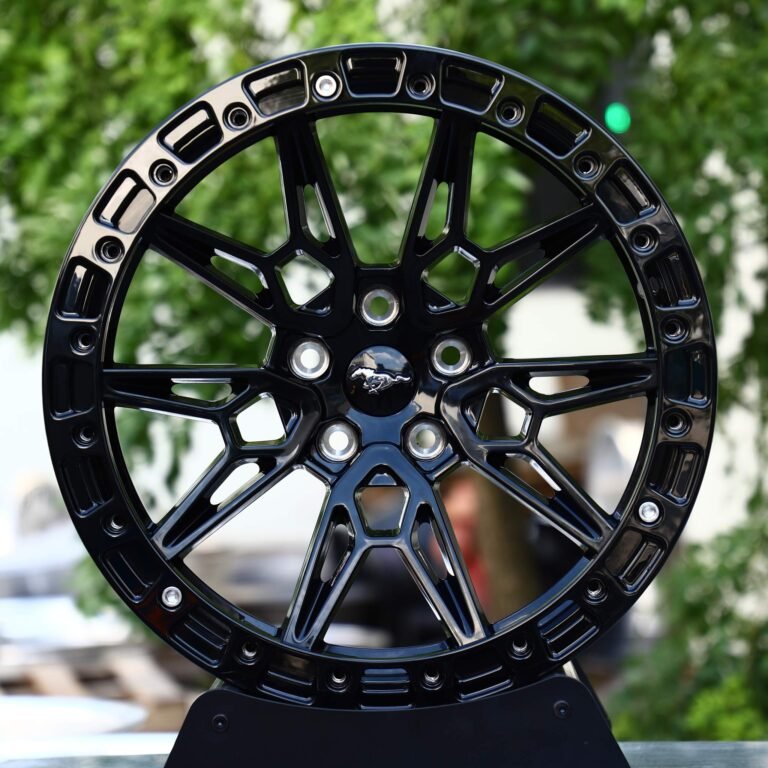 Ford Mustang wheels – Gloss Black Multi-Spoke Bolt Ring Beadlock (Ford Mustang OEM-Style), front view