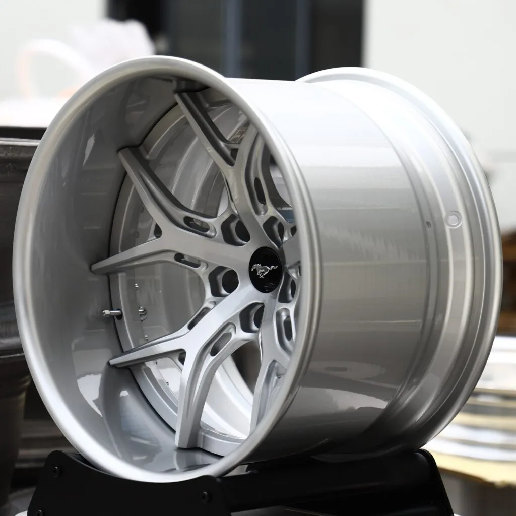 5x114.3 wheels – Matte Silver 5 Y-Spoke 2-Piece White Lip (Ford Mustang OEM-Style), side view