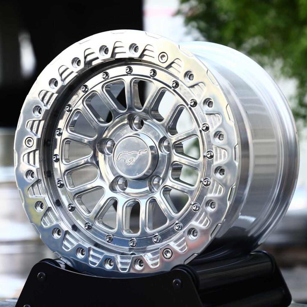 Ford Mustang GT wheels – Polished 15-Spoke Beadlock (Ford Mustang OEM-Style), angled view