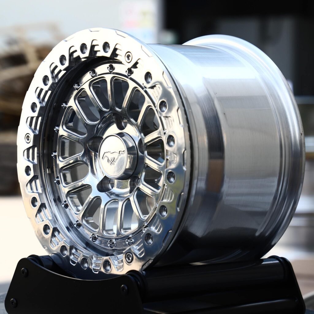 5x114.3 wheels – Polished 15-Spoke Beadlock (Ford Mustang OEM-Style), side view