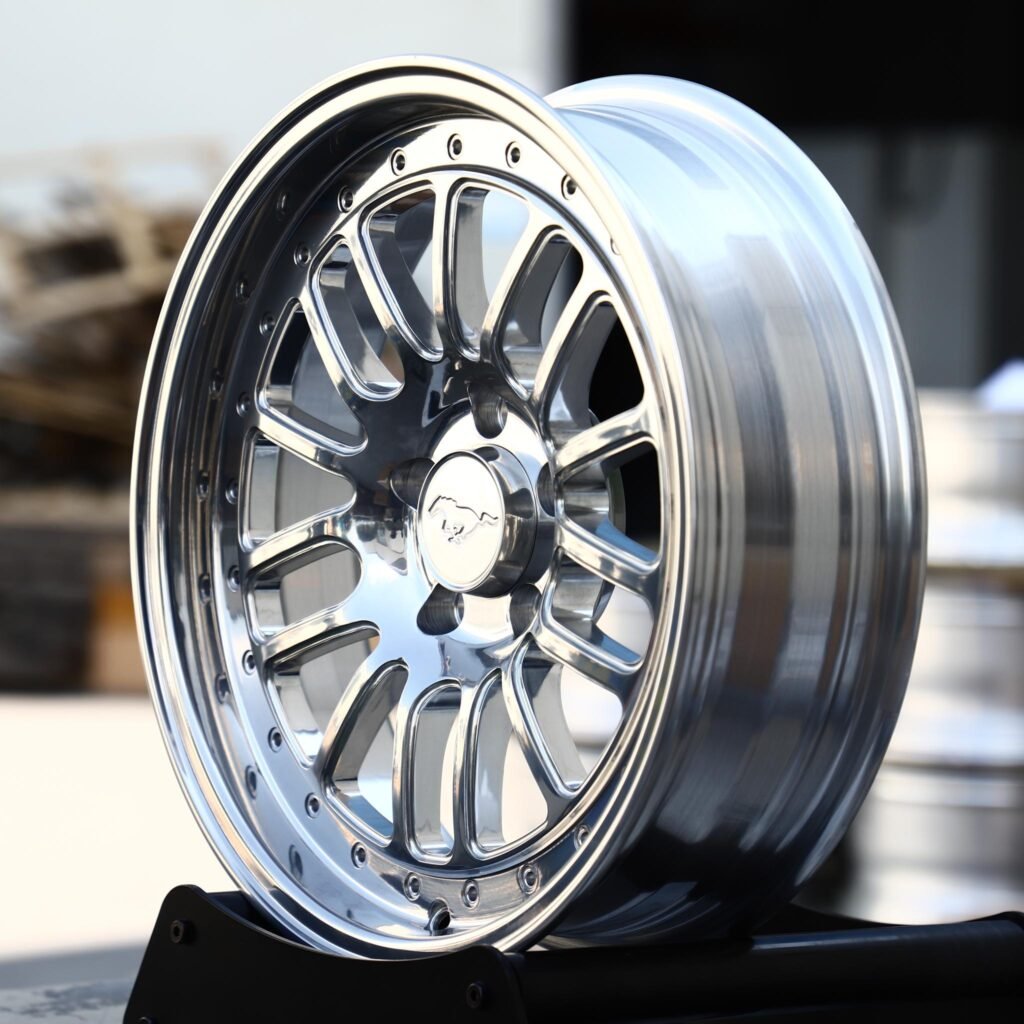 5x114.3 wheels – Polished Ringed 15-Spoke (Ford Mustang OEM-Style), side view