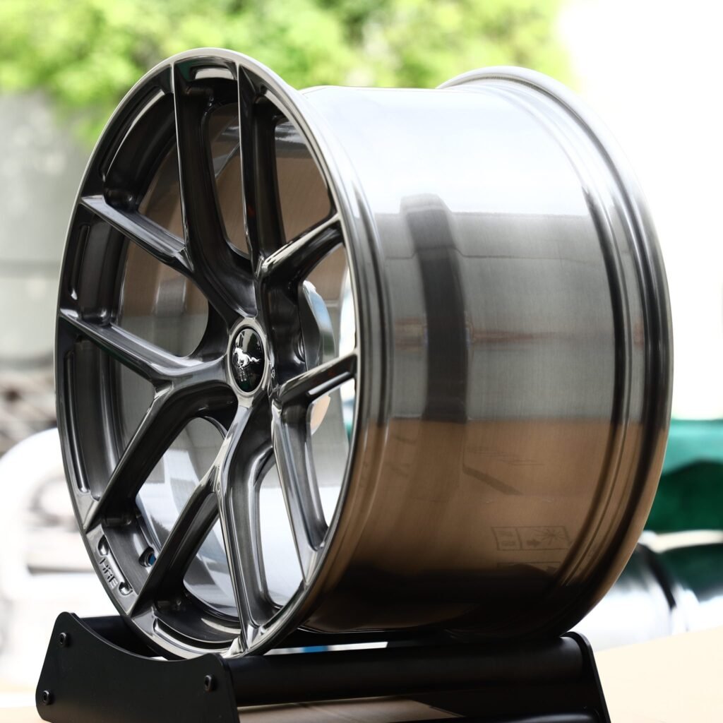 Ford Explorer wheels – Transparent Black Brushed 5 Y-Spoke Concave (Ford Mustang OEM-Style), angled view