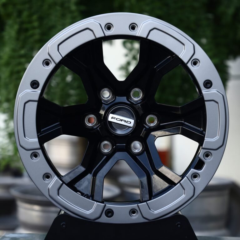 Ford Bronco wheels – Gloss Black 5-Spoke Gunmetal-Ring Beadlock (Ford OEM-Style), front view