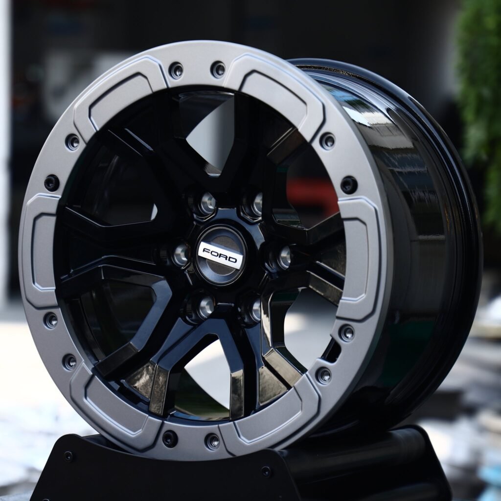 Ford Ranger wheels – Gloss Black 5-Spoke Gunmetal-Ring Beadlock (Ford OEM-Style), angled view