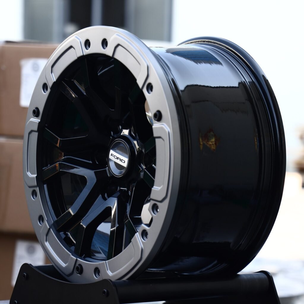 6x139.7 wheels – Gloss Black 5-Spoke Gunmetal-Ring Beadlock (Ford OEM-Style), side view