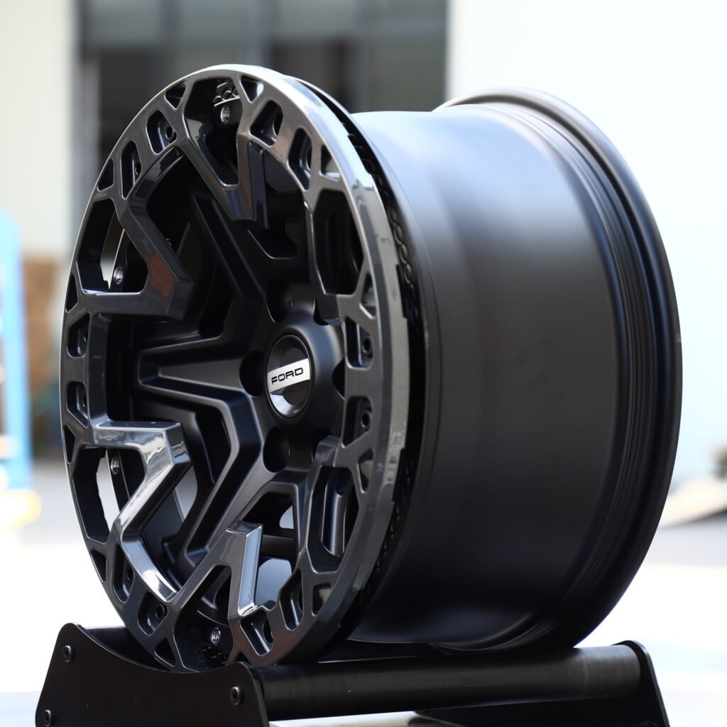6x135 wheels – Matte Black Star-Spoke Bolt Ring Beadlock (Ford OEM-Style), side view